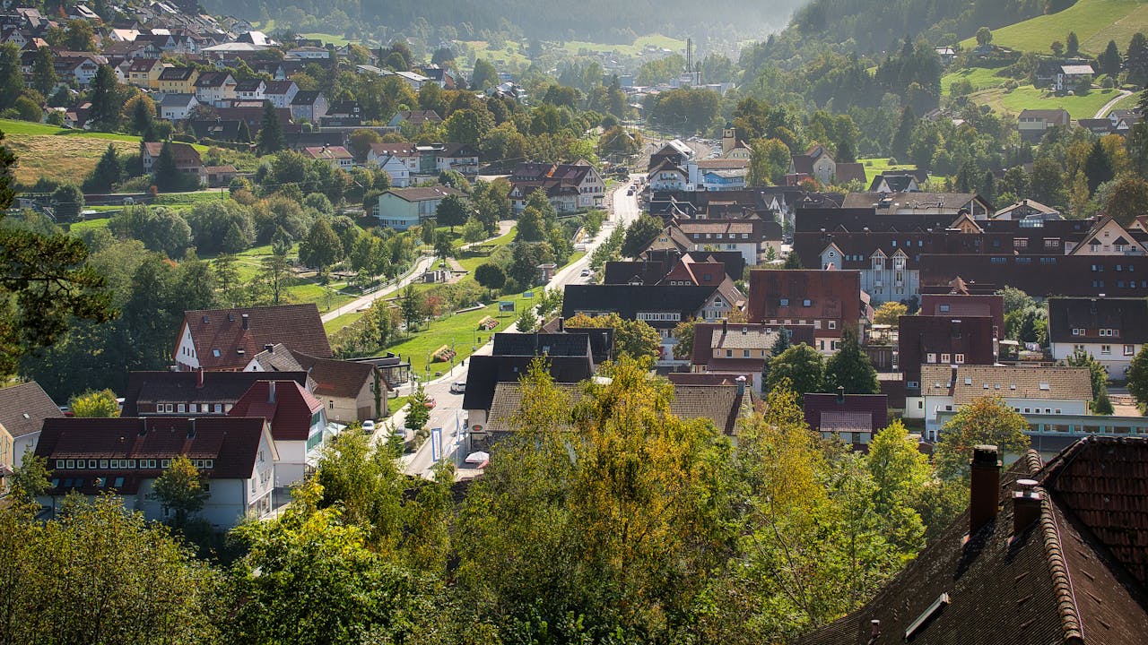 A stunning aerial view of Baiersbronn village nestled in lush greenery, Germany.